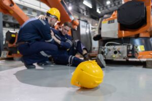 Chicago workers compensation attorney - Worker in a blue jumpsuit helping his injured co-worker next to machinery