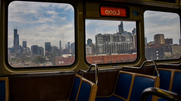 chicago train accident lawyer - skyline view of Chicago from inside a train