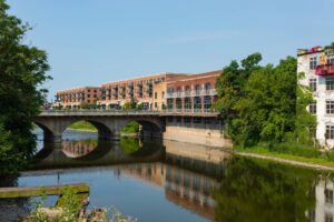 Aurora Personal Injury Lawyer - Looking down the Fox River on a beautiful Summer morning. Aurora, Illinois, USA