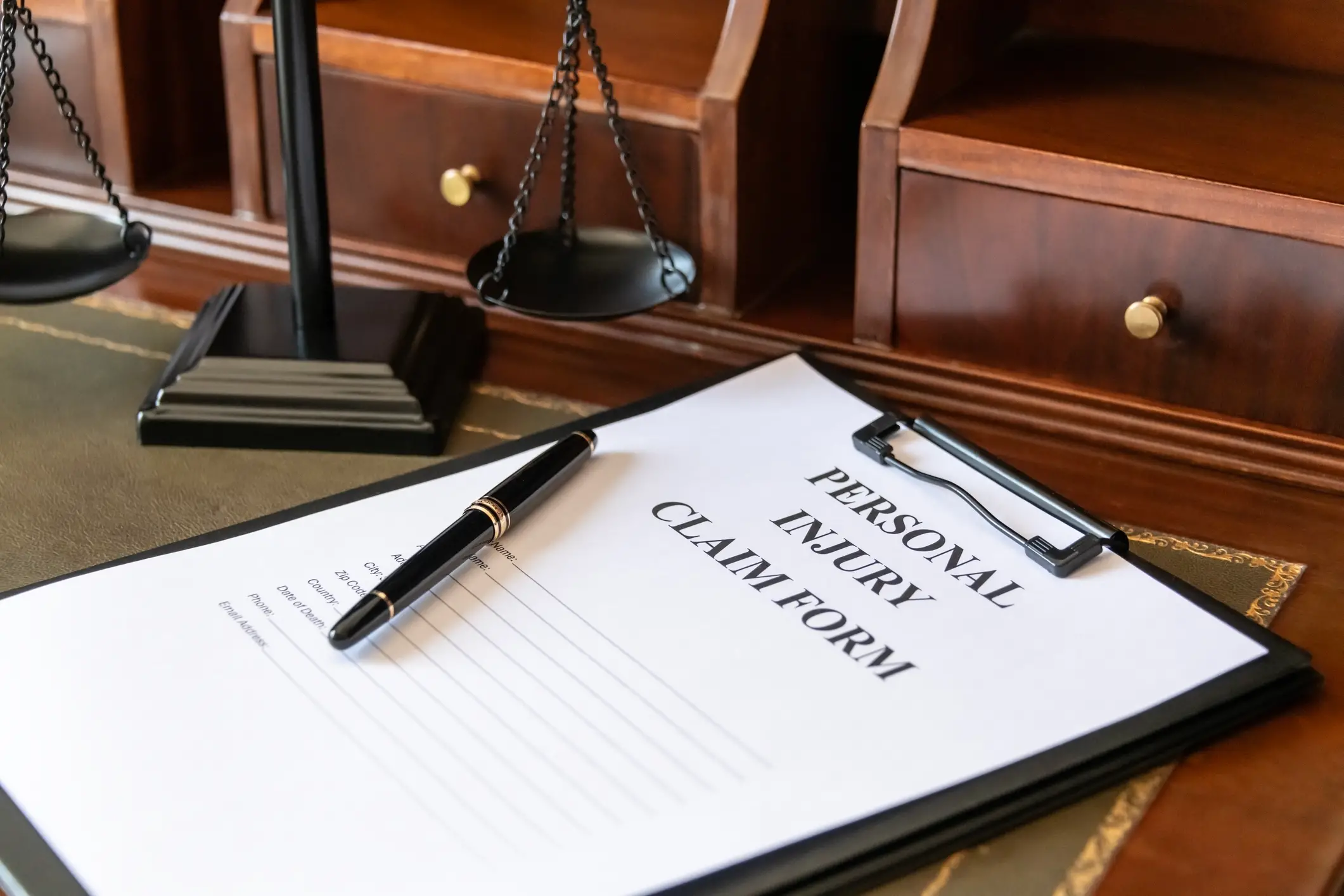 personal injury claim form with pen and scales of justice.
